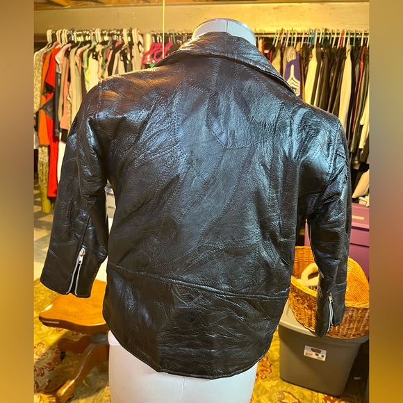 Vintage patchwork black leather biker jacket rare XS size - Picture 3 of 5
